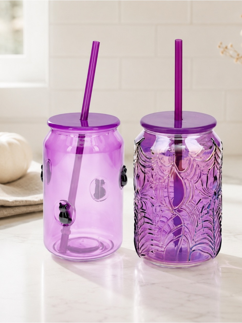 Purple Halloween Glass Tumblers Set of 2 Mixed Spooky Black Cats & Spider Design